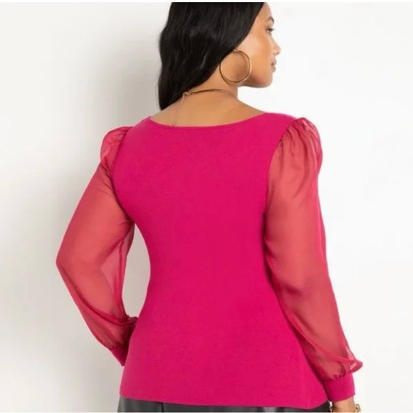Eloquii Raspberry Square Neck Sheer Sleeve Top - Picture 3 of 5